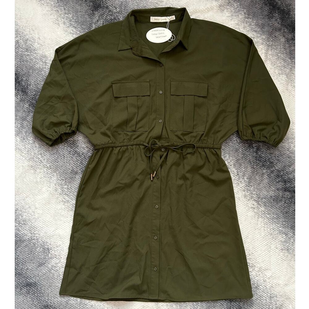 Bishop + Young Safari Olive Green Puff Sleeve Button Up Midi Dress - Small NWT - Picture 5 of 12